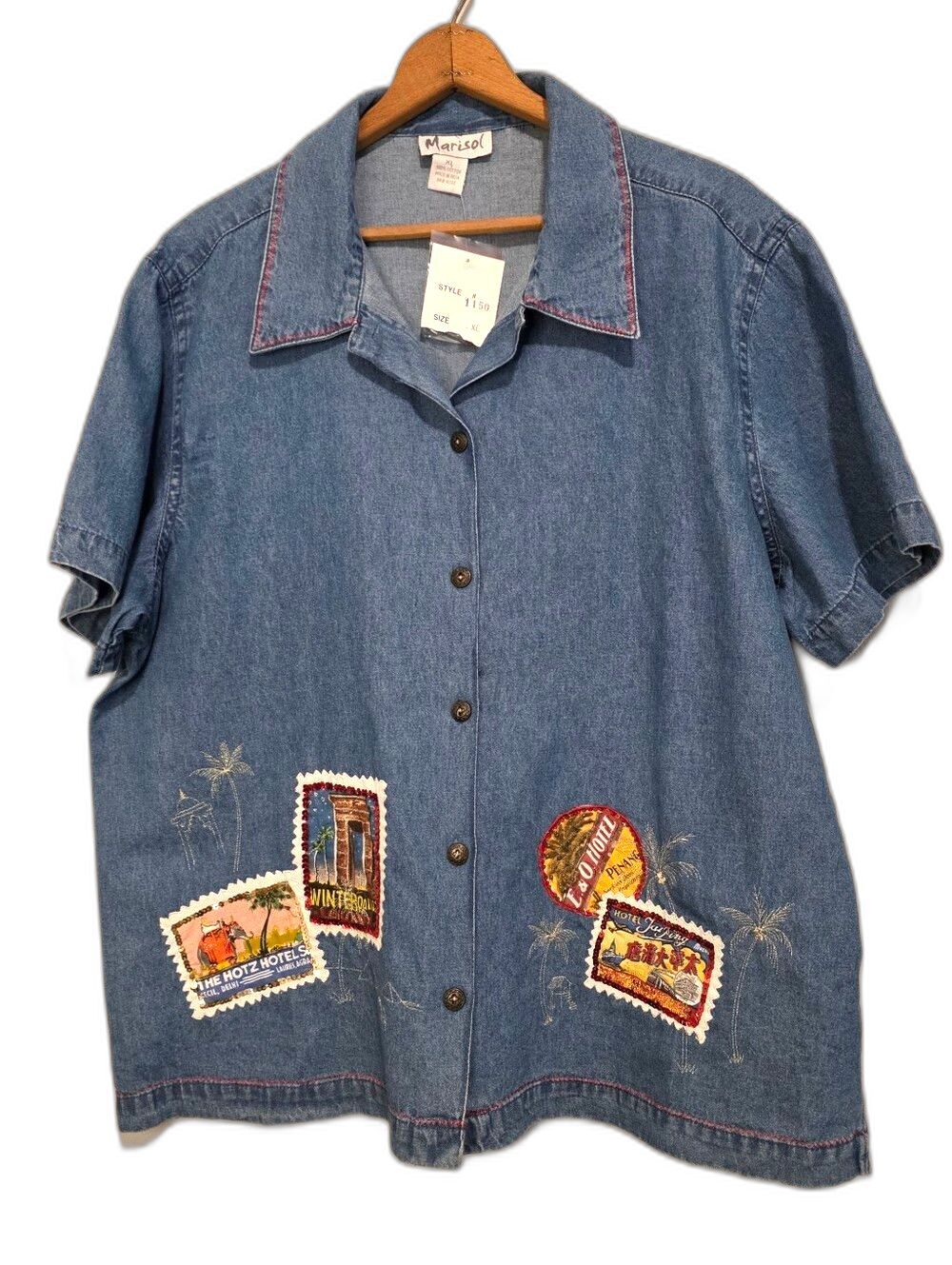 NWT Vintage Marisol Denim Button Front Shirt Applique Summer Grandma Travel XL